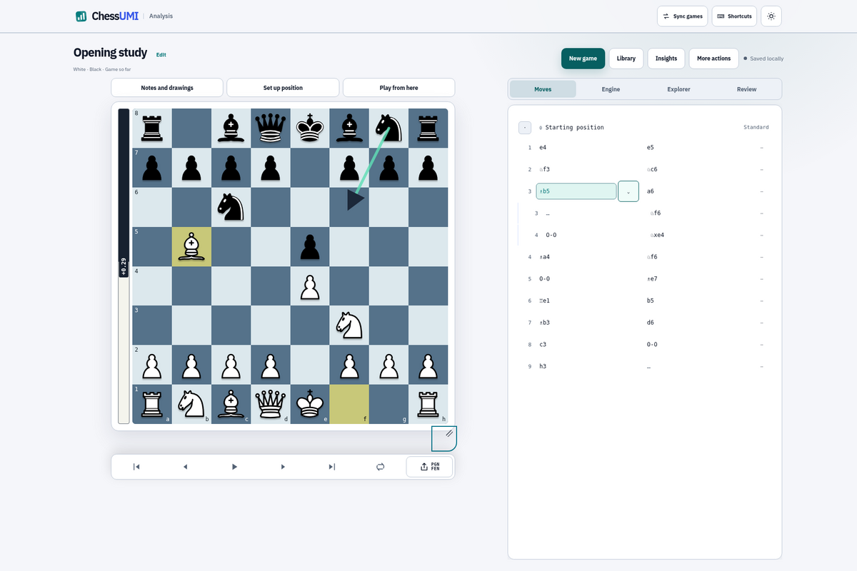 Chess Analysis showing a chessboard, a sample game, and variations that can be continued on the main board.
