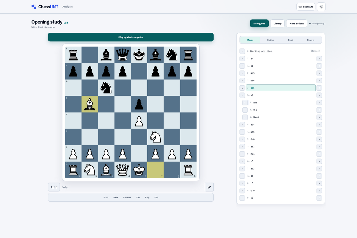 Chess Analysis showing a chessboard, a sample game, and variations that can be continued on the main board.