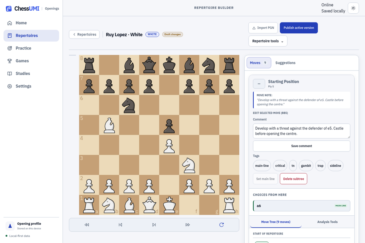 ChessUmi Openings showing a Ruy Lopez repertoire, its board and editable move tree.
