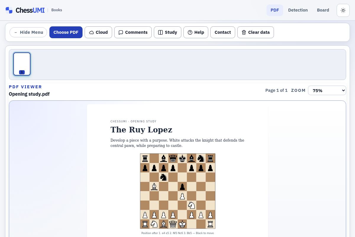 Chessbook Interactive Reader showing a chess PDF alongside its detection and board analysis tools.