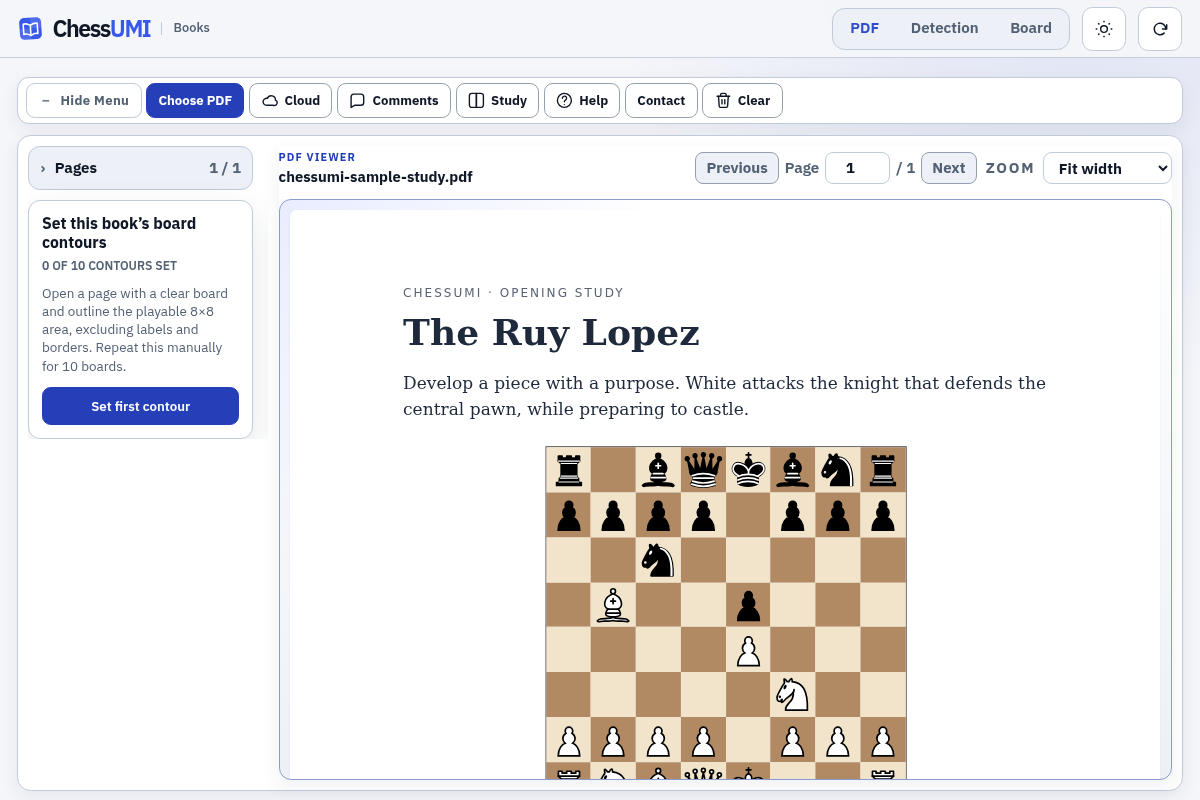 Chessbook Interactive Reader showing a chess PDF alongside its detection and board analysis tools.