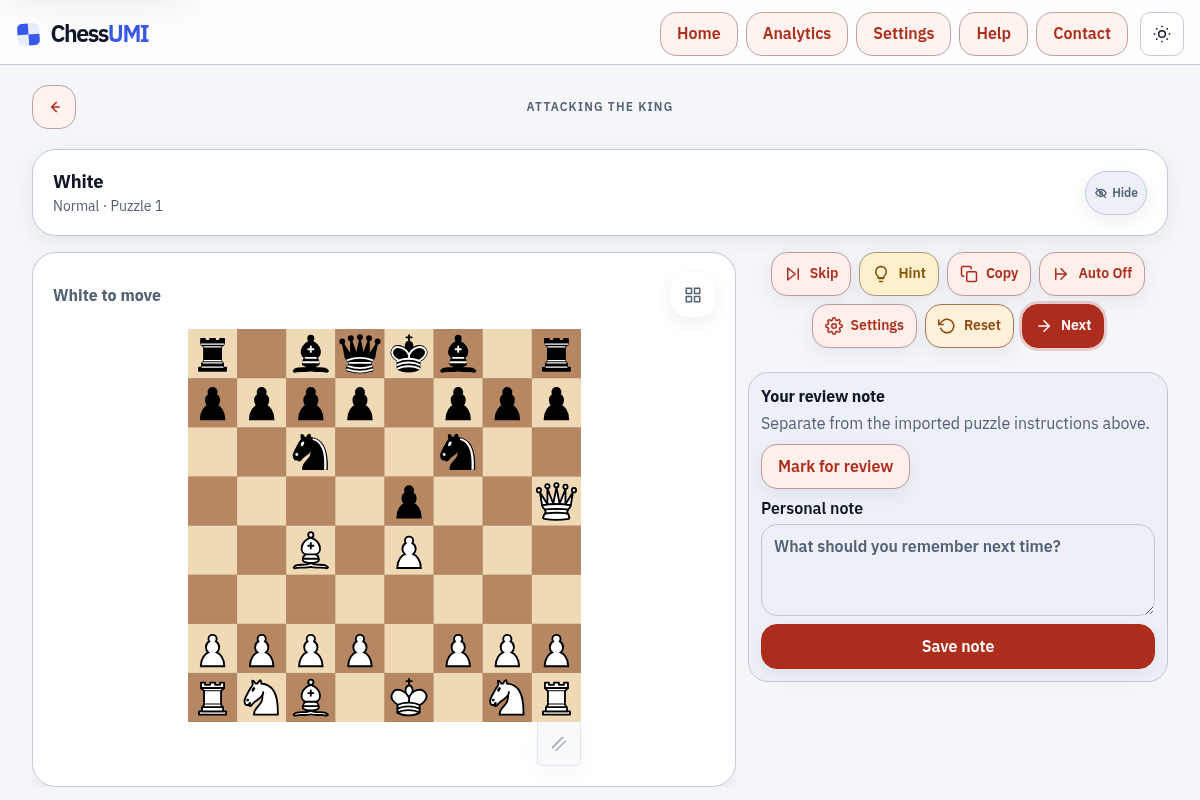 ChessUMI Tactics showing a populated training board, puzzle controls, and review notes.